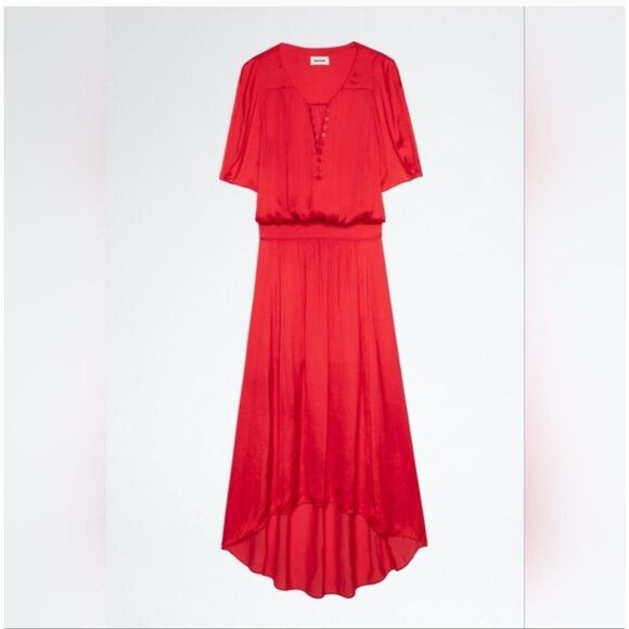 NWOT Zadig & Voltaire Ridge Satin Red Maxi Asymmetrical Dress Puff sz S - Picture 4 of 10